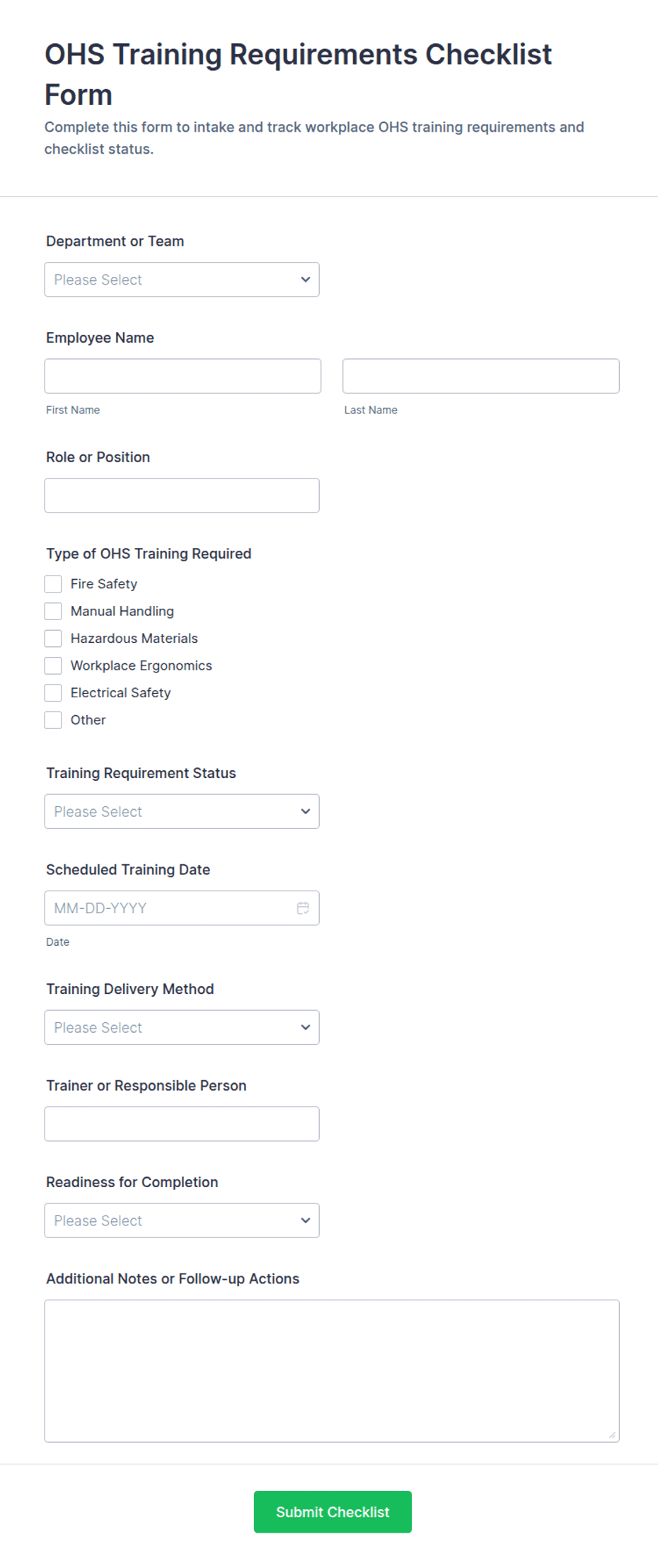 OHS Training Requirements Checklist Form Template | Jotform