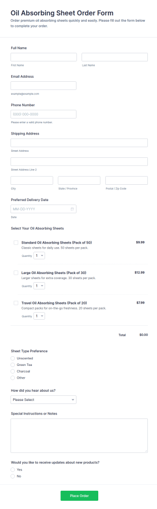 Oil Absorbing Sheet Order Form Template