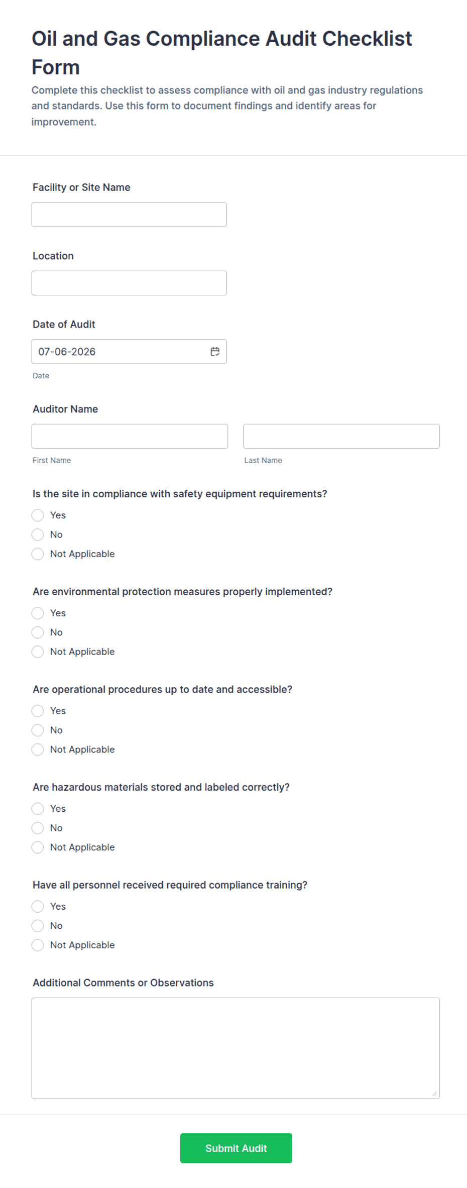 Oil and Gas Compliance Audit Checklist Form Template | Jotform