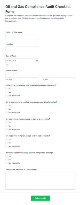 Oil And Gas Compliance Audit Checklist Form Template