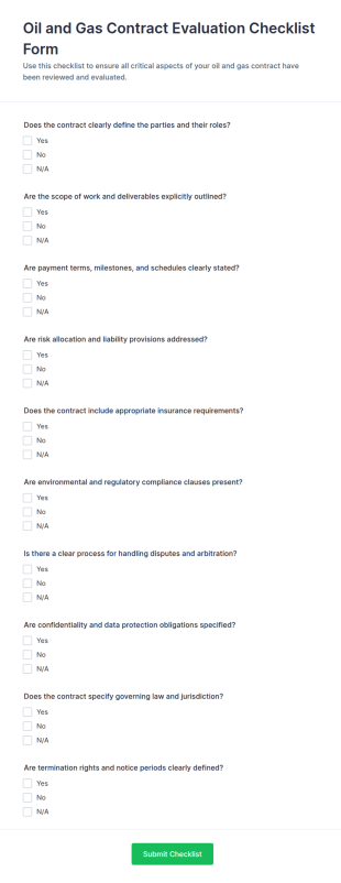 Oil And Gas Contract Evaluation Checklist Form Template