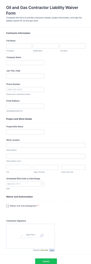 Oil And Gas Contractor Liability Waiver Form Template
