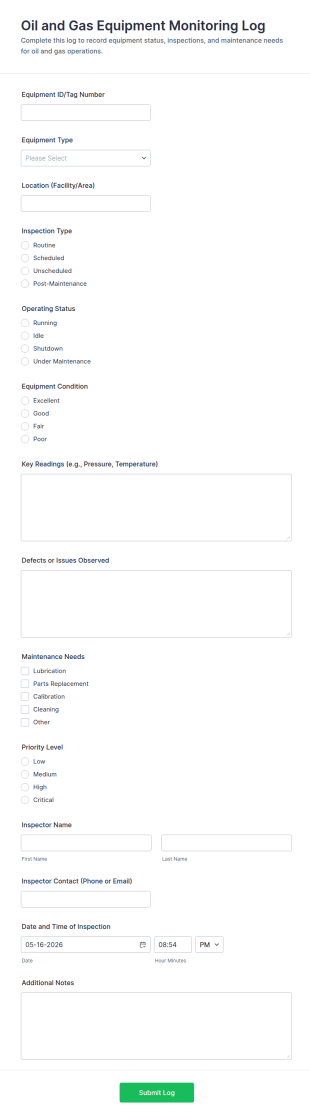 Oil And Gas Equipment Monitoring Log Form Template