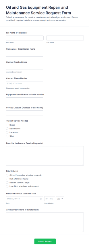 Oil And Gas Equipment Repair And Maintenance Service Request Form Template