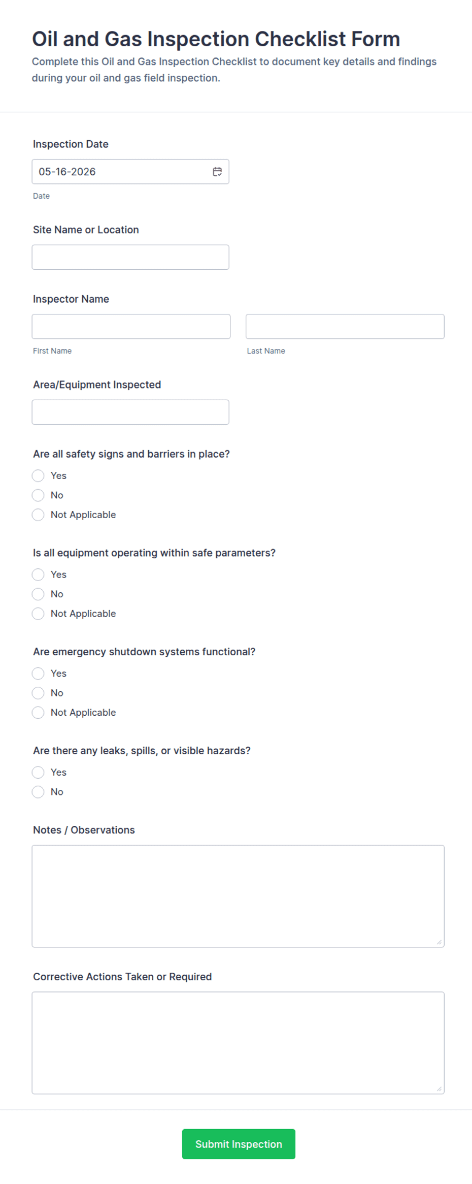 Oil and Gas Inspection Checklist Form Template | Jotform
