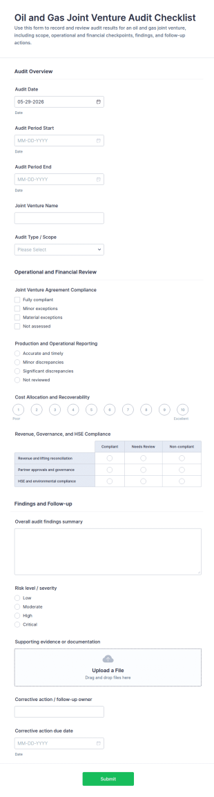 Oil And Gas Joint Venture Audit Checklist Form Template