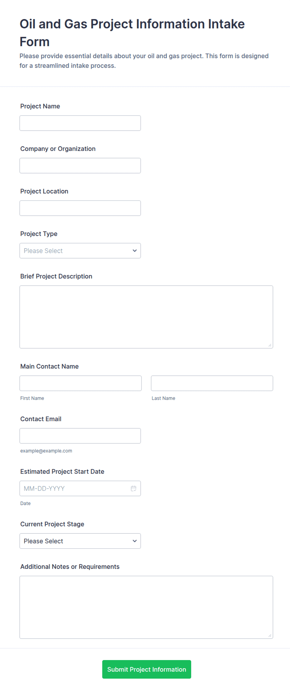 Oil and Gas Project Information Intake Form Template | Jotform