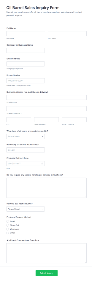 Oil Barrel Sales Inquiry Form Template