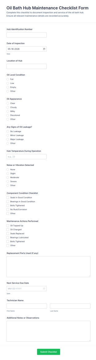 Oil Bath Hub Maintenance Checklist Form Template