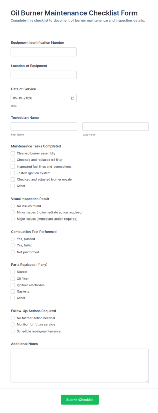 Oil Burner Maintenance Checklist Form Template