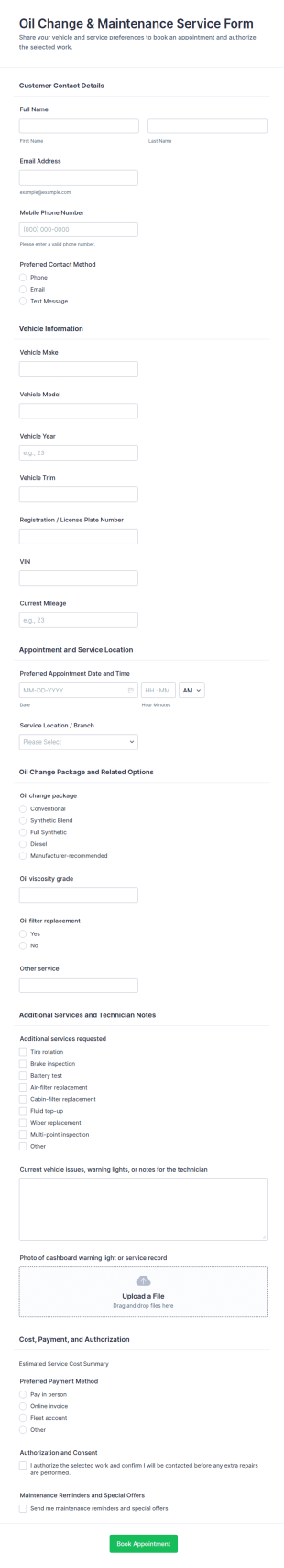 Oil Change & Maintenance Service Form Template