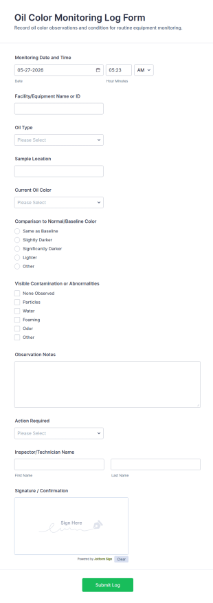 Oil Color Monitoring Log Form Template