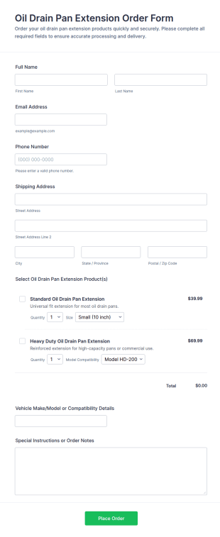 Oil Drain Pan Extension Order Form Template