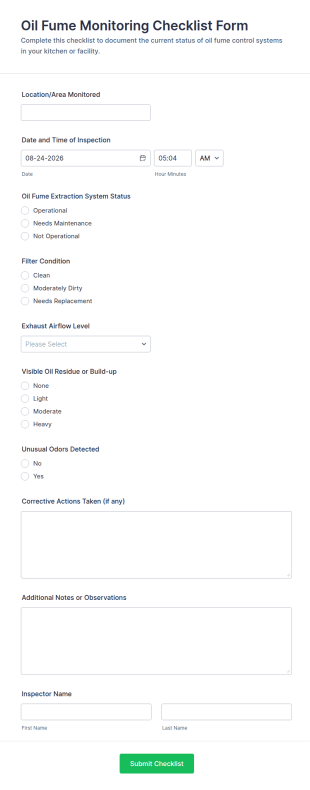 Oil Fume Monitoring Checklist Form Template