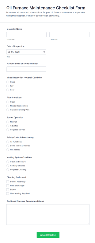 Oil Furnace Maintenance Checklist Form Template
