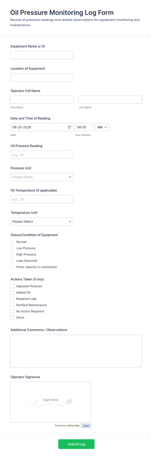 Oil Pressure Monitoring Log Form Template