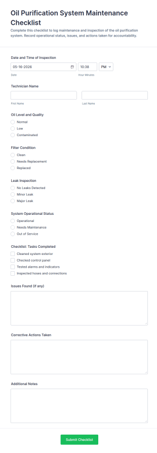 Oil Purification System Maintenance Checklist Form Template