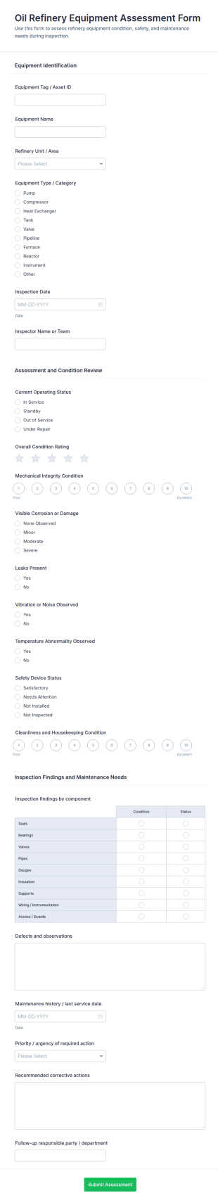 Oil Refinery Equipment Assessment Form Template