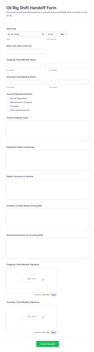 Oil Rig Shift Handoff Form Template