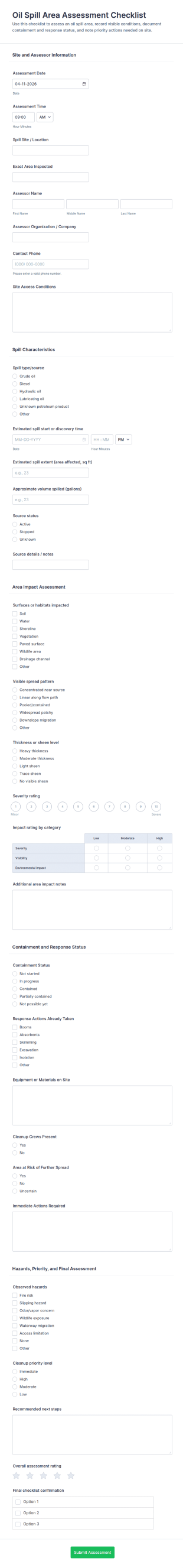 Oil Spill Area Assessment Checklist Form Template