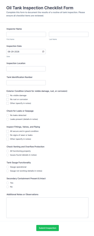 Oil Tank Inspection Checklist Form Template