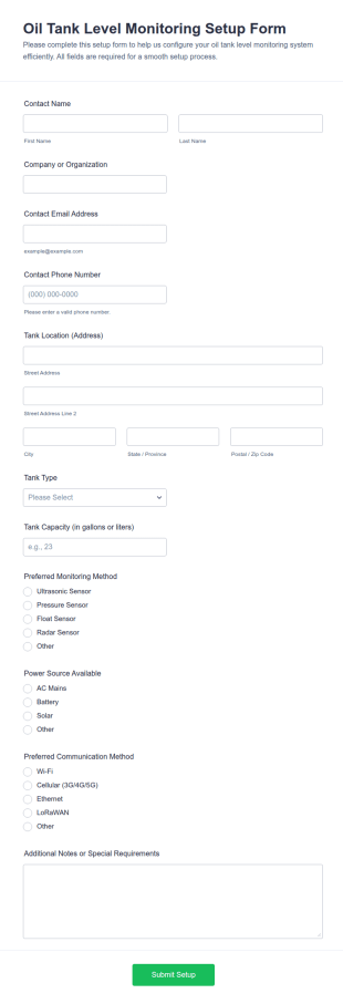 Oil Tank Level Monitoring Setup Questionnaire Form Template