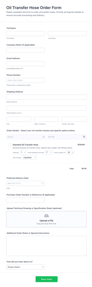 Oil Transfer Hose Order Form Template