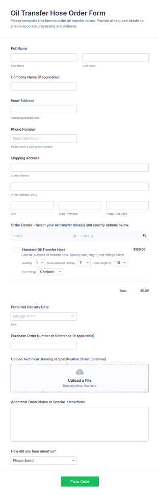 Oil Transfer Hose Order Form Template