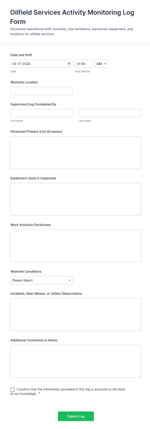 Oilfield Services Activity Monitoring Log Form Template