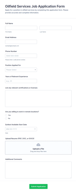 Oilfield Services Job Application Form Template
