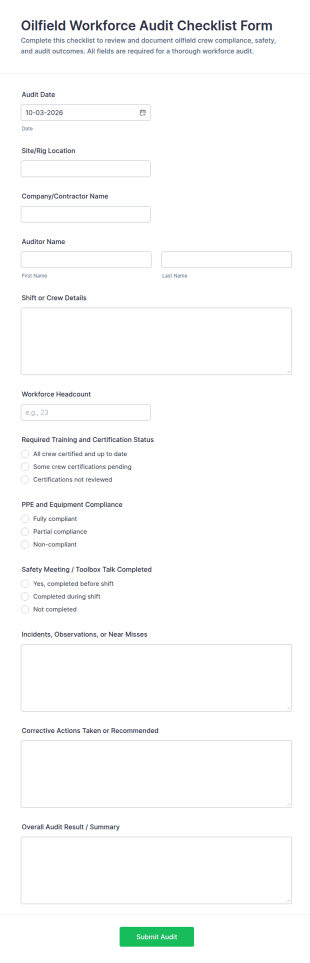 Oilfield Workforce Audit Checklist Form Template