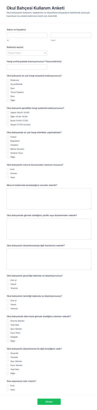 Okul Bahçesi Kullanım Anketi Form Şablonu