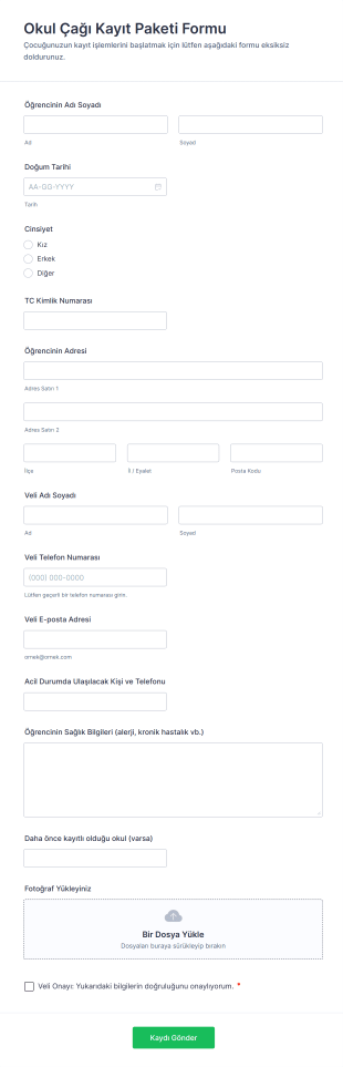 Okul Çağı Kayıt Paketi Form Şablonu