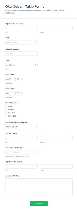 Okul Devam Takip Form Şablonu