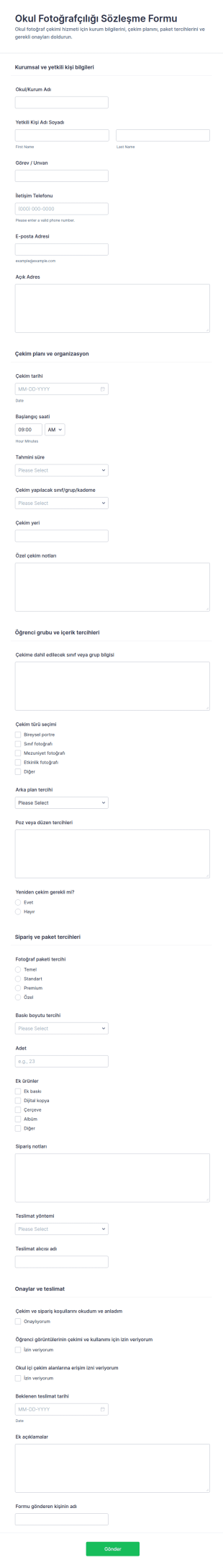 Okul Fotoğrafçılığı Sözleşmesi Formu 📸 Form Şablonu