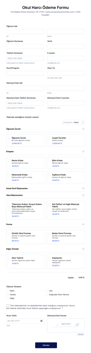 Okul Harcı Ödeme Form Template