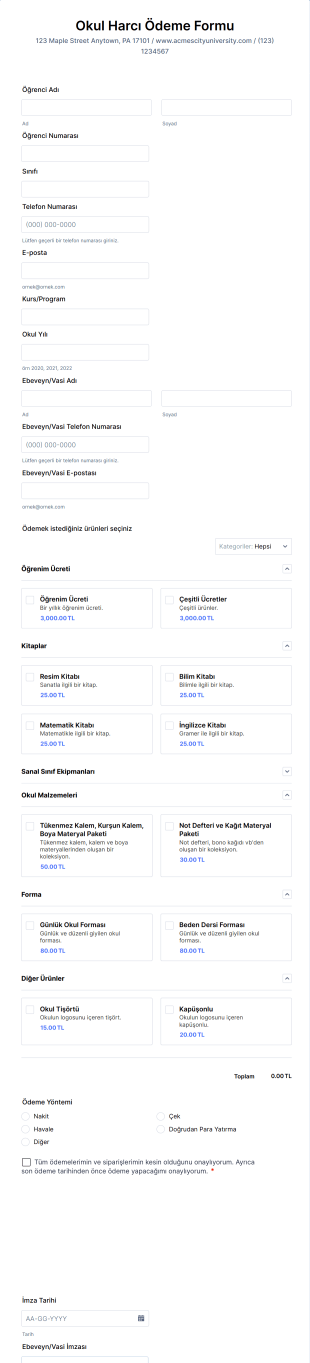 Okul Harcı Ödeme Form Şablonu