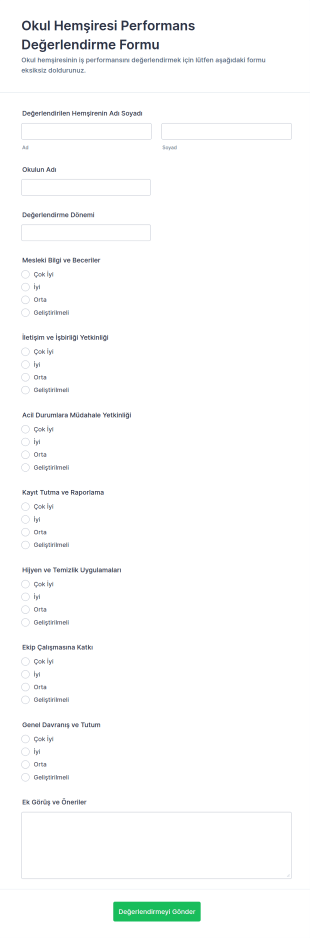 Okul Hemşiresi Performans Değerlendirme Form Şablonu