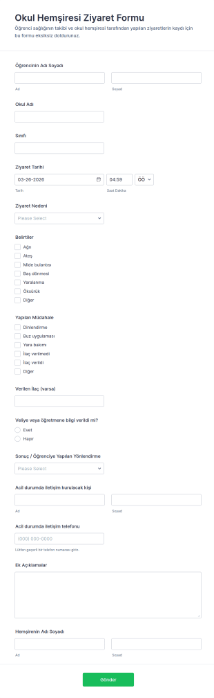 Okul Hemşiresi Ziyaret Form Şablonu