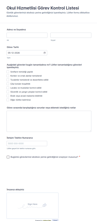 Okul Hizmetlisi Görev Kontrol Listesi Form Şablonu