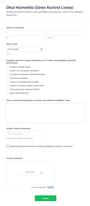 Okul Hizmetlisi Görev Kontrol Listesi Form Template