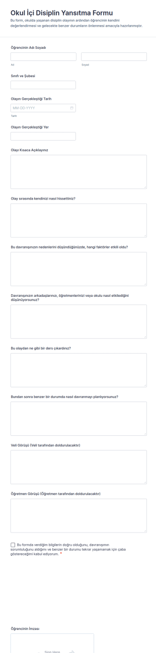 Okul İçi Disiplin Yansıtma Form Şablonu
