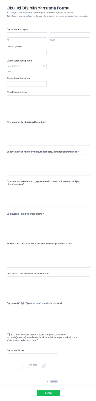 Okul İçi Disiplin Yansıtma Form Şablonu