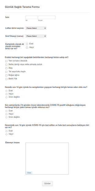 Okul Için COVID Günlük Sağlık Tarama Form Şablonu