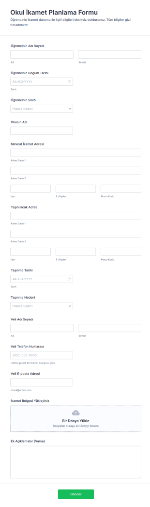 Okul İkamet Planlama Form Şablonu