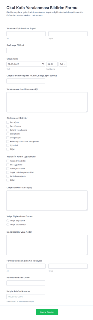 Okul Kafa Yaralanması Bildirim Form Şablonu