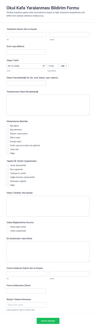 Okul Kafa Yaralanması Bildirim Form Şablonu