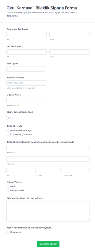 Okul Karnavalı Bileklik Sipariş Form Şablonu
