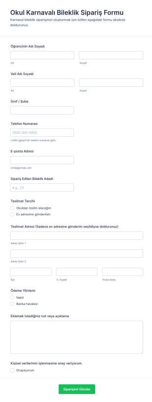 Okul Karnavalı Bileklik Sipariş Form Şablonu