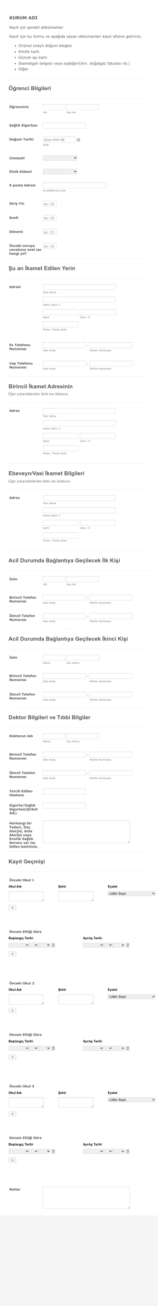 Okul Kaydı Form Template